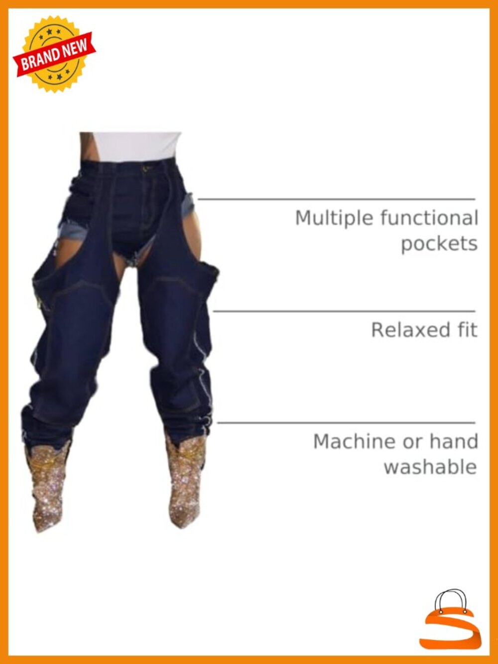 Baggy Denim Patchwork Jeans High Cutout Straight Wide Leg Stretchy Ripped Y2K - Picture 3 of 6